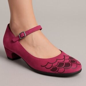 Camper Twins Women‎ Mary Jane Shoes Pink Suede Scallop Block Heel EU 37 US 6.5–7